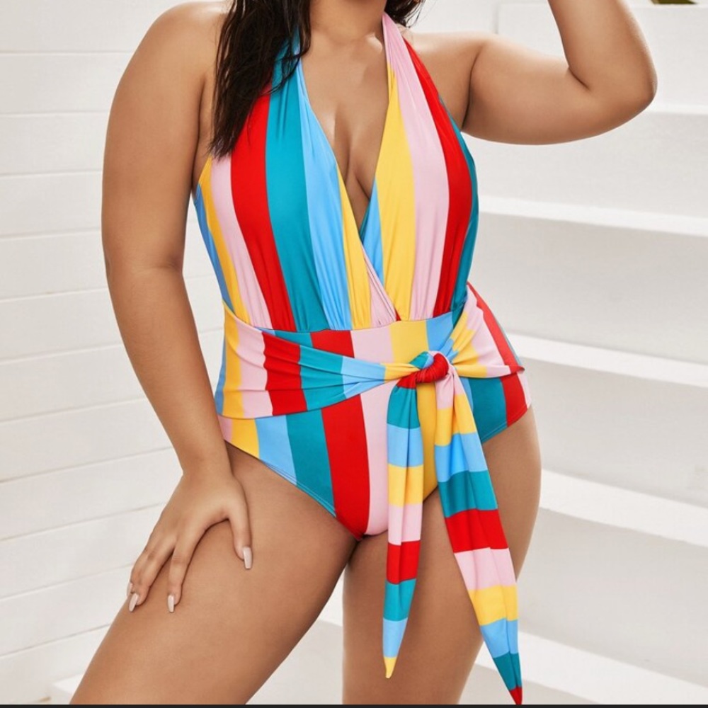 SHEIN Rainbow Striped Halter OnePiece Swimsuit 3XL